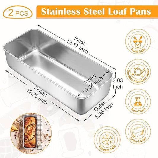 E-far Loaf Pan for Homemade Bread-2 Pack, 12” x 5” Large Stainless Steel Loaf Pans, Long Metal Bread Baking Mold for Banana Cake Meatloaf Sourdough Lasagna, Nontoxic & Dishwasher Safe