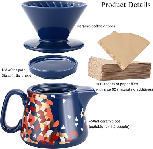 Polydremio Pour Over Coffee Maker, Ceramic Coffee dripper with 100 pcs V60 Paper Filter, Ceramic coffee Server with Lid, 15.5oz/450 ml, Suitable for 1-2 people (Blue)