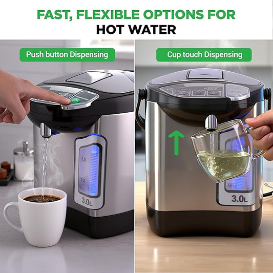 NutriChef Electric Water Boiler and Warmer - 3L/3.17 Qt Stainless Steel Electric Hot Water Dispenser w/Rotating Base, Auto Shut Off, Safety Lock, Instant Heating for Coffee & Tea (NCHUB13)