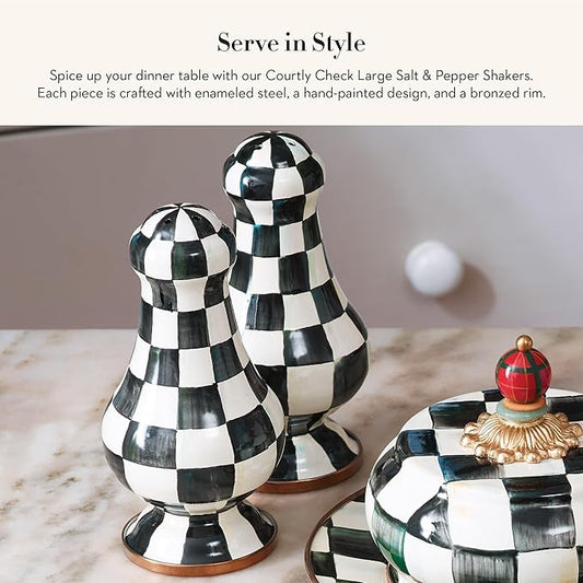 MACKENZIE-CHILDS Enamel Salt and Pepper Shakers, Kitchen Table Spice Shaker Set, Black-and-White Courtly Check, Large