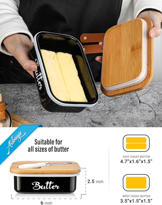 Butter Dish with Lid for Countertop, AISBUGUR Metal Butter Keeper with Stainless Steel Multipurpose Butter Knife, Large Butter Container with Double High-quality Silicone Good Kitchen Gift Black
