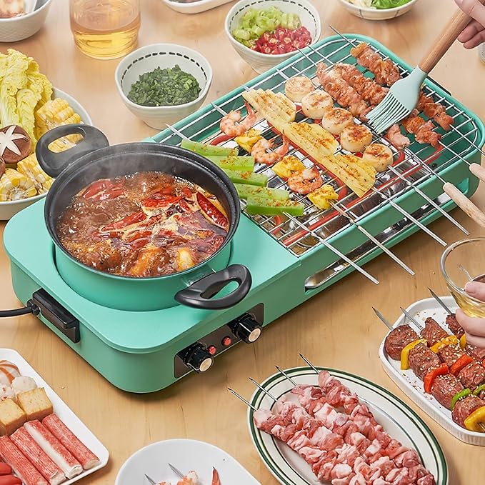 iMounTEK Electric Grills 3 IN 1 Electric Smokeless Hot Pot with Grill 1600W Smokeless Non-Stick BBQ Grill Korean Shabu Shabu Hot Pot Combo with Independent Temperature Control for Home Party