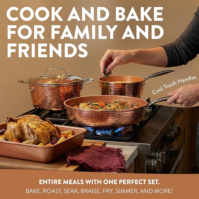 Gotham Steel Hammered 24 Pc Ceramic Cookware Set Nonstick, True Ceramic Pots and Pans Set Non Stick with Deep Square Pan Set & Bakeware Set, Non Toxic PFOA PFOS Free, Oven & Dishwasher Safe