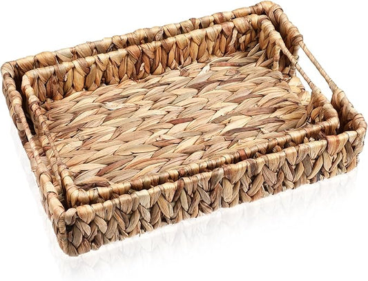 2 PCS Wicker Tray, Hyacinth Storage Baskets with Handle Shallow Basket Handmade Woven Tray Small Wicker Baskets Rectangular for Bathroom, Living Room and Kitchen Decoration or Storage