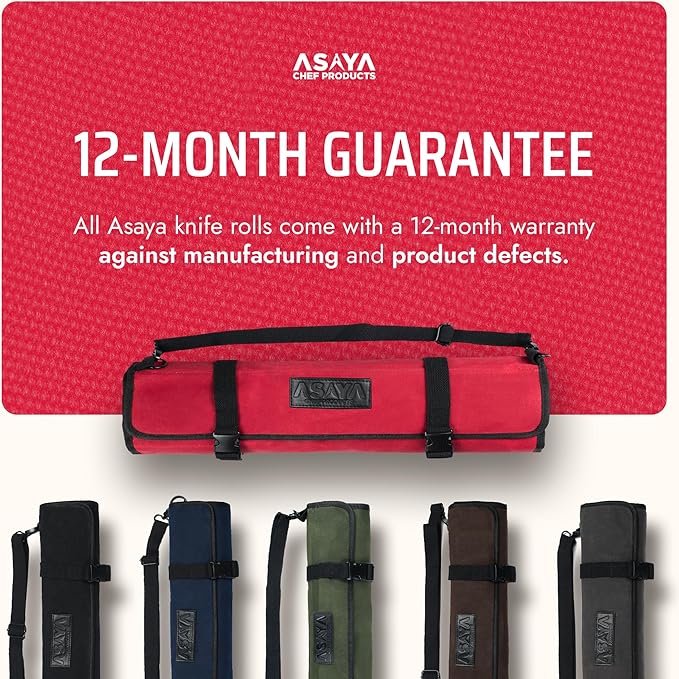 Asaya Canvas Chef Knife Roll Bag - 10 Knife Slots and a Large Zipper Pocket - Durable 10oz Canvas Knife Case with an Adjustable Shoulder Strap - Knives not Included (Red)