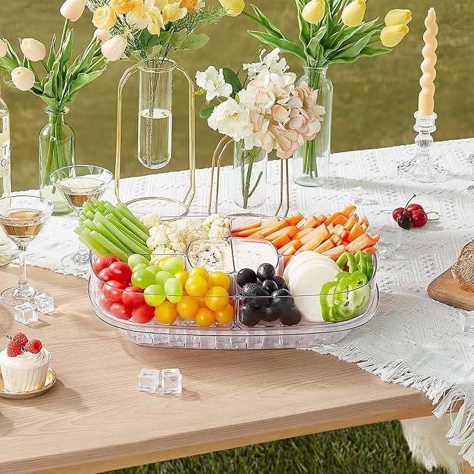 Lifewit Chilled Serving Tray for Parties, 15" Divided Shrimp Cocktail Serving Dish with Lid, Plastic Taco Platter, Ice Serving Bowl for Veggie, Fruit, Salad, Mimosa Bar Supplies in Party/Buffet
