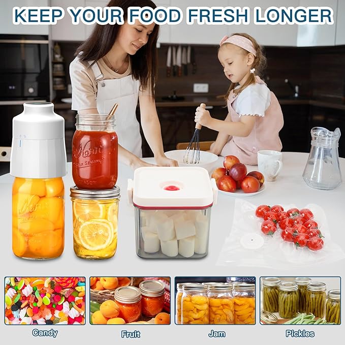 Electric Mason Jar Vacuum Sealer Kit for Wide Mouth and Regular Mouth Mason Jars Vacuum Sealing Machine for Food Storage Compatible with Vacuum Zipper Bags and Vacuum Seal Containers