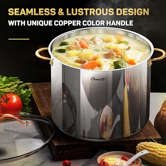 Ciwete Stock Pot 20 Quart, 3 Ply Stainless Steel Stock Pot with Lid, 20 Quart Soup Pot with Copper Handle, Healthy Stockpots, Induction, Oven, Gas and Dishwasher Safe