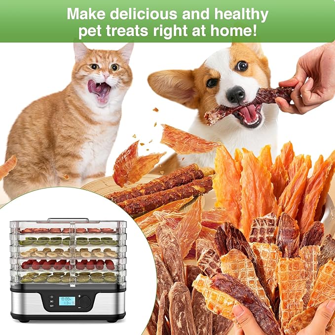 Food Dehydrator, Silver | 5 Stainless Steel and BPA-free trays, Adjustable Temperature, 72H Timer, Dehydrator for Meats, Jerky, Fruits, Veggies and Pet Treats