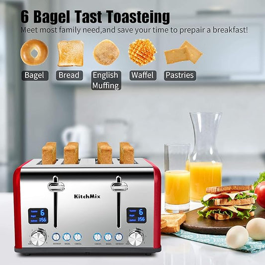Toaster 4 Slice, KitchMix Bagel Stainless Toaster with LCD Timer, Extra Wide Slots, Dual Screen, Removal Crumb Tray (Red)