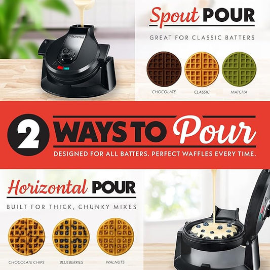 Gourmia Dual Pour Waffle Maker – Belgian Waffle Maker with Mess Free Spout, Nonstick Plates, Compact Upright Storage, 800W, Black