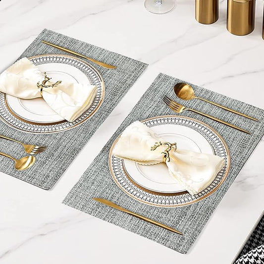 DACHUI Placemats Set of 6, Linen Look Woven Place Mats, Water Resistant, Heat Resistant, Washable, Durable Table Mats (Light Grey)
