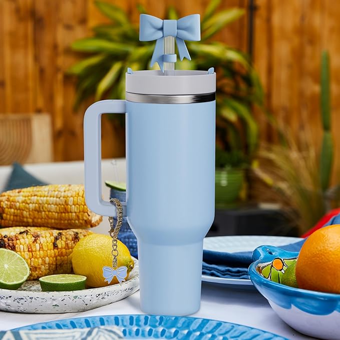 Compatible with Stanley Cup Accessories - 3Pcs 10mm Bow Straw Topper Compatible with Stanley Cup Straw Cover Cap, 2pcs Blue Bow Charms for 30&40 Oz Tumbler with Handle