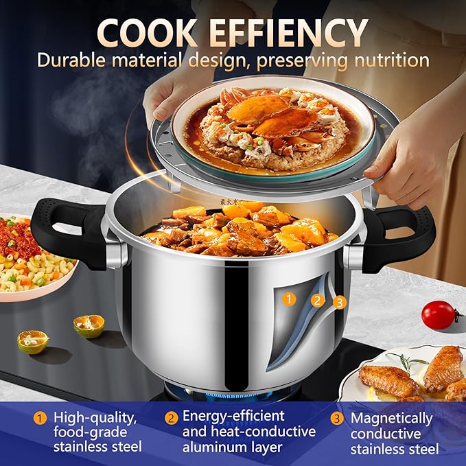 Stainless Steel Pressure Cooker 8 quart Commercial Stove Top Pressure Cooker for canning, pressure cooker 8+ quart, Compatible with Gas & Induction, Fast Cooking for large Meals, Dishwasher Safe,