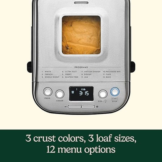 Cuisinart Bread Maker Machine, Stainless Steel Automatic Bread Machine with 12 Menu Options, 3 Loaf Sizes up to 2 Lb., 3 Crust Colors, Removable Nonstick Baking Pan & Kneading Paddle, CBK-110NAS