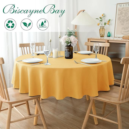 Biscaynebay Fall Tablecloth Textured Fabric Round Tablecloths 70", Fall Gold Thanksgiving Autumn Harvest Water Resistant Fabric Tablecloths for Kitchen, Dining, Wedding, Parties Machine Washable