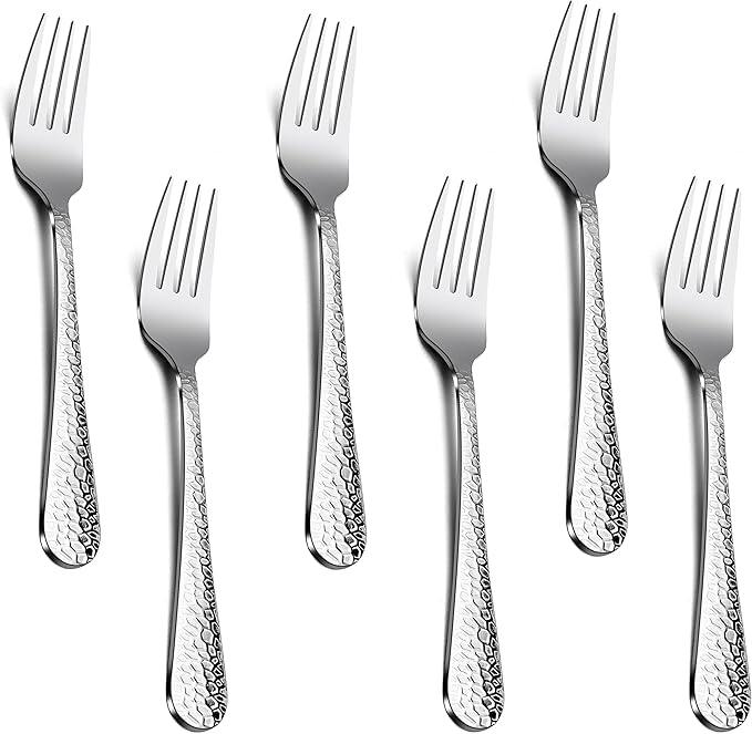 Hammered Dinner Forks Set, E-far 6-Piece Stainless Steel Salad Flatware Forks Use for Home, Kitchen, Restaurant, Round Edge & Mirror Polished, Dishwasher safe - 7.9 Inches