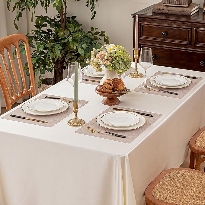 Romanstile Vinyl Placemats Set of 6-12 X 17 Inch - Heat Resistant Non-Slip Embossed Floral Place Mats 100% Waterproof Oilproof Wipeable Faux Leather Table Mats for Kitchen/Dining/Party, Khaki