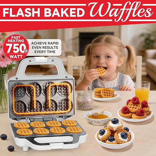 Mini Waffle Maker Machine, Tiny Waffle Bites Iron for Kids, Bake 8 x 2'' Tiny Waffle Bites, Small Waffle Maker, Compact & Easy Use, Non Stick Surface, Recipe Included, White