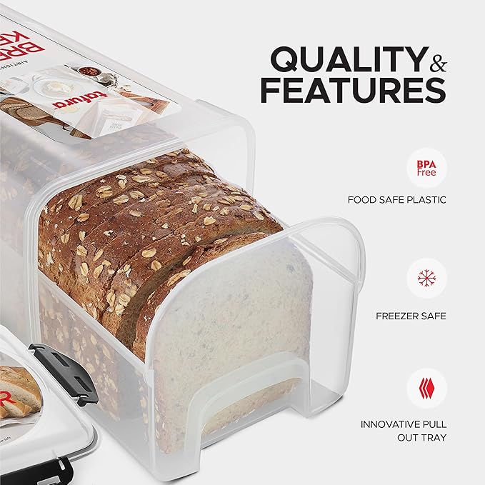 Tafura Bread Storage Container - 2 Pack BPA Free Plastic Bread Box with Ingeniously Tray - Airtight Container/Holder for Homemade Loaves and Baked Goods