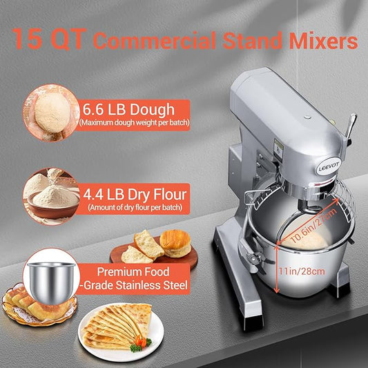 15Qt Commercial Food Mixer with Timing Function, Commercial mixer 3-Speed Adjustable Heavy Duty, Electric Stand Dough Mixer with Stainless Steel Bowl for Bakery Pizzeria (Upgraded)