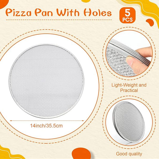 Nuogo 5 Pcs 14 Inch Pizza Pan with Holes Aluminum Mesh pizza Screen Seamless Round Tray for Oven Nonstick Baking Sheet for Kitchen Bakery Restaurant BBQ Party Cookware Supplies