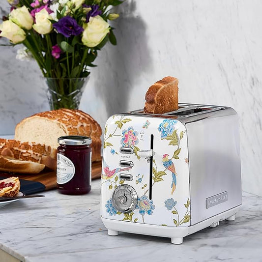 VQ Laura Ashley Elveden White Stainless Steel 2 Slice Toaster | Multi-Functional Bagels & Bread Toaster 2 Slice with Adjustable Heating & Defrost Mode | Featuring 2 Wide Slots, Croissant Warming Rack