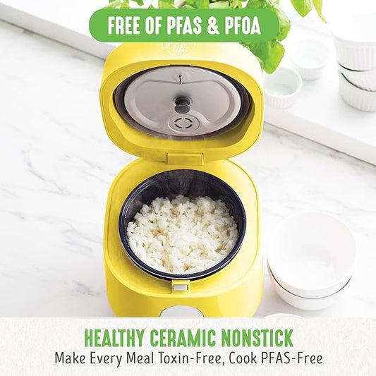 GreenLife Digital Rice Cooker, 2-Cups Uncooked/4-Cups Cooked, Removable Nonstick Ceramic PFAS-Free Pot, One-Touch Presets, Oats, Quinoa, Brown Rice, Auto Keep Warm, Fuzzy Logic Tech, 1.5 QT, Yellow