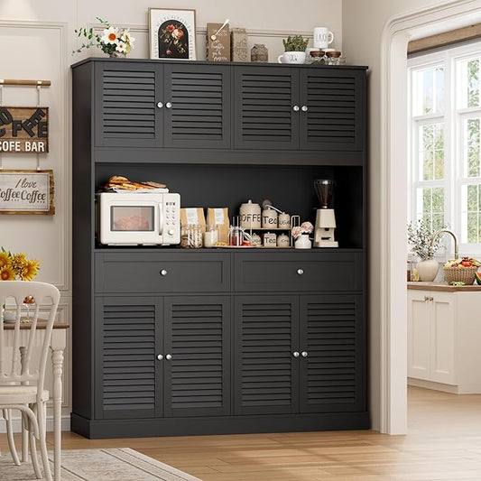 HIFIT 71" Hx55''W Large Kitchen Hutch Storage Cabinet, Farmhouse Coffee Bar Hutch with Microwave Stand, Tall Kitchen Pantry Cabinet with Louvered Doors, 2 Cable Holes, 2 Drawers, Black
