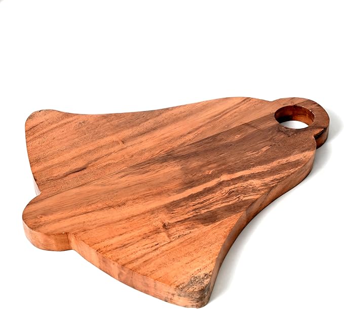 Treen Art Wooden Christmas Cutting Board for Kitchen Decor, 14"L x 13"W Bell Shaped Acacia Wood Chopping Board with Handle, Serving Charcuterie Platter