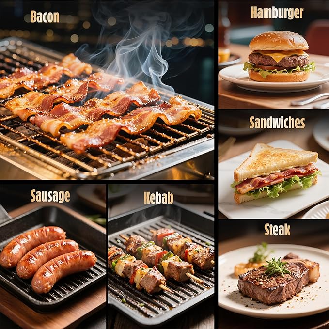 Pisol Smash Burger Press (2PCS), Pre-Seasoned Cast Iron Hamburger Smasher, Heavy-Duty Bacon Grill Press Tool with Wood Handle, (Round & Rectangle)