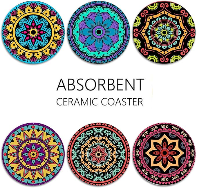 Coaster for Drinks Set of 6, Mandala Flower Floral Retro Absorbent Round Ceramic Stone Mat, with Cork Base and Metal Holder, Gift for Housewarming Room Bar Decor