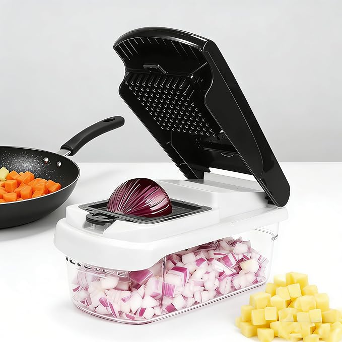 Multifunctional Mandoline Slicer with 7 Blades, Vegetable Chopper Food Cutter with Container, Onion Dicer Potato Grater Salad Prep Tool, Stainless Steel Kitchen Gadgets for Veggie Fruit (Black)