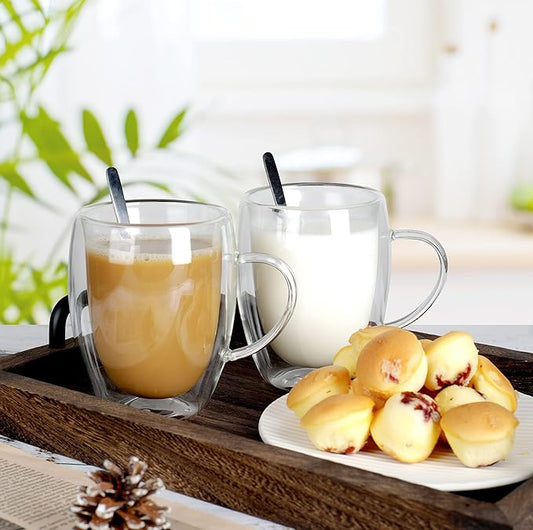 LIBWYS 6 Pack Double Walled Coffee Cups Glasses Mugs, 12oz Espresso Cappuccino Latte Tea Cups with Handle, Heat Resistant Borosilicate Clear Glasses 350ml