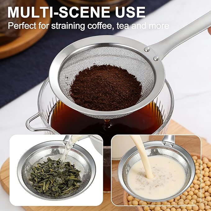 Fine Mesh Stainless Steel Colander, 2026 Upgrade Stainless Steel Fine Mesh Strainer with Handle, Sieve Mesh for Kitchen Cooking Oil Food Strainer Kitchen Gadgets (Large, 1pcs)