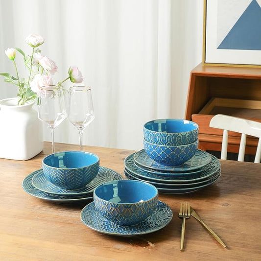 Sureasy 12-Piece Ceramic Dinnerware Set for 4 - Embossed Plates and Bowls Sets, Scratch Resistant Dish Set, Microwave, Oven & Dishwasher Safe, Blue