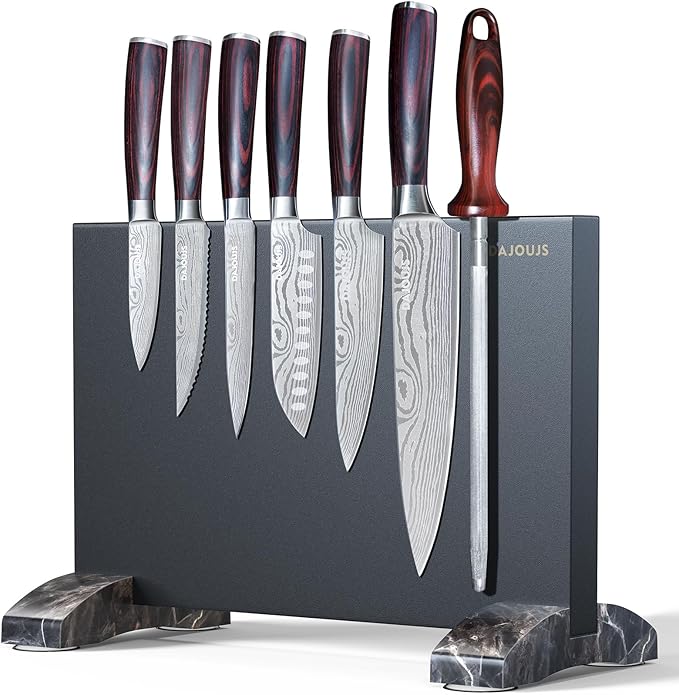 Black Knife Set With Block - 8 Pieces High Carbon Stainless Steel Magnetic Knife Set with Sharpener, Ultra Sharp Kitchen Knives Sets for Cooking with Ergonomic Handle