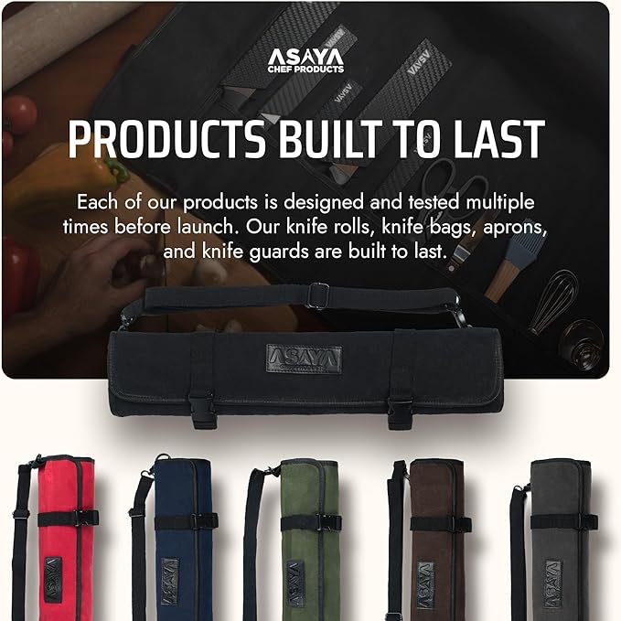 Asaya Canvas Chef Knife Roll Bag - 10 Knife Slots and a Large Zipper Pocket - Durable 10oz Canvas Knife Case with an Adjustable Shoulder Strap - Knives not Included