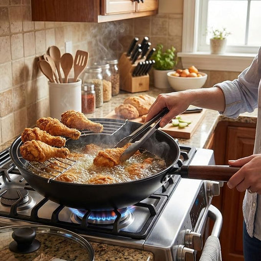 Abangdun Carbon Steel Wok Pan, Nitrided Pre-Seasoned Round Bottom Woks & Stir-Fry Pans Nonstick, Chinese Wok with Glass Lid & Steel Rack for Gas for All Concave Stovetops, Gift for Chef - 13.4"