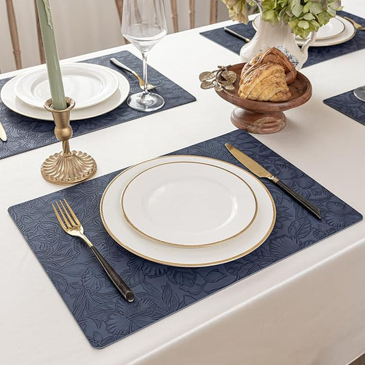 Romanstile Vinyl Placemats Set of 6-12 X 17 Inch - Heat Resistant Non-Slip Embossed Floral Place Mats 100% Waterproof Oilproof Wipeable Faux Leather Table Mats for Kitchen/Dining/Party, Navy Blue
