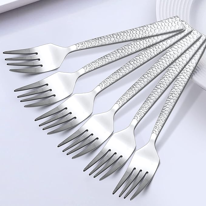 HaWare Hammered 12-Pieces Dessert Forks, Stainless Steel 6.7 Small Salad Forks, Classic Elegant Design, Mirror Polished, Dishwasher Safe