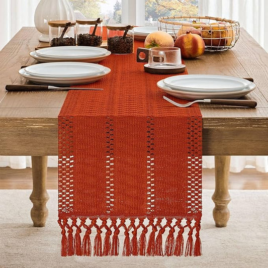 ZeeMart Macrame Style Boho Table Runner, Burnt Ochre Fall Table Runners 60 Inches Long, Farmhouse Woven Home Decor, 12x60 Inch, Dark Orange