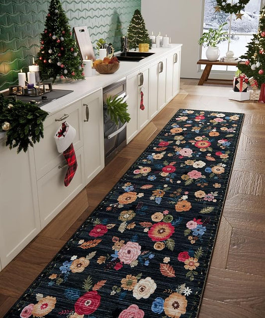 Machine Washable Rug Runners for Hallways: 2x10 Kitchen Rugs Stain Resistant Non Slip Floor Rug with Rubber Backing Soft Floral Carpet Runners for Kitchen Entryway Bedroom Laundry Farmhouse