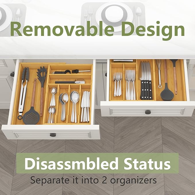 Suli Large Silverware Drawer Organizer,Adjustable Kitchen Flatware for Forks Knives and Spoons, Bamboo Cutlery Utensil Holder,Expandable from 22in-37in,Natural Bamboo