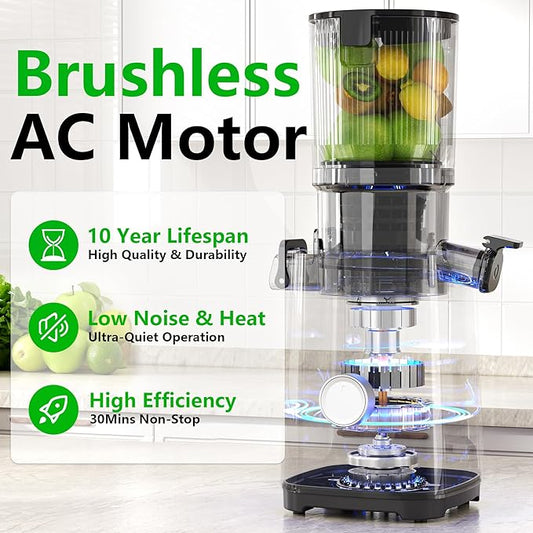 T34 Cold Press Juicer, Juicers Machines - 5.3" Large Feed Chute for Whole Fruits & Vegetables, Powerful AC Brushless Motor, 99% Juice Yield, Ultra Quiet, Easy Clean, Extra one Replace juicer strainer