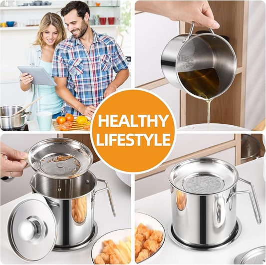 DIY HOME Bacon Grease Container, 1.8L / 61fl oz Cooking Oil Storage Strainer Oil Filter with Fine Mesh Strainer 304 Stainless Steel Grease Can for Kitchen Fat Storage