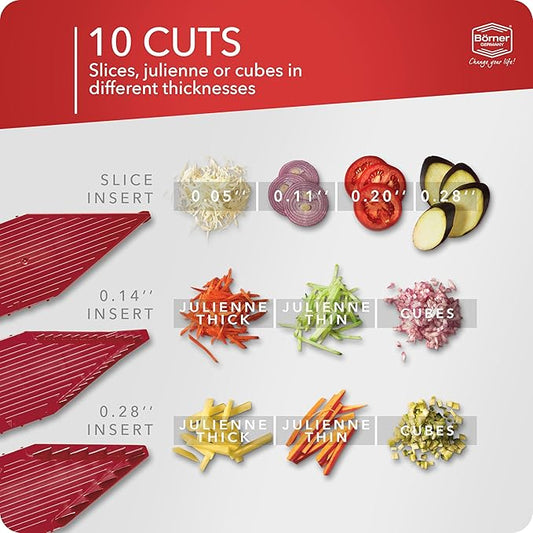 Mandoline Food Slicer Börner V5 (Starter Set) by Reston Lloyd • V-Slicer with Food Holder • Made in Germany • Fruit & Vegetable Chopper • Multiple Settings • Color: Red