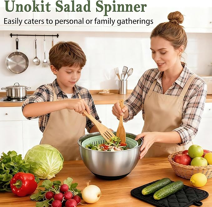 Unokit Stainless Steel Salad Spinner - Large Salad Spinner with Non-Slip Base and 5 Blade Slicers, Dishwasher Safe Lettuce Spinner for Efficient Salad Preparation and Food Washing in Kitchen