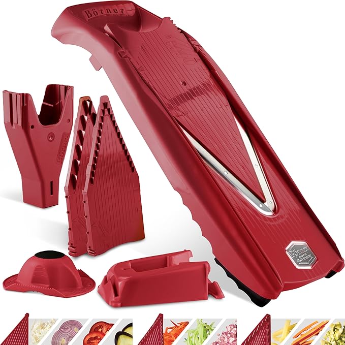 Mandoline Food Slicer Börner V5 (Profi Set) by Reston Lloyd • V-Slicer with 4 Inserts, Docking Station & Food Holder • Made in Germany • Fruit & Vegetable Chopper • Multiple Settings • Color: Red
