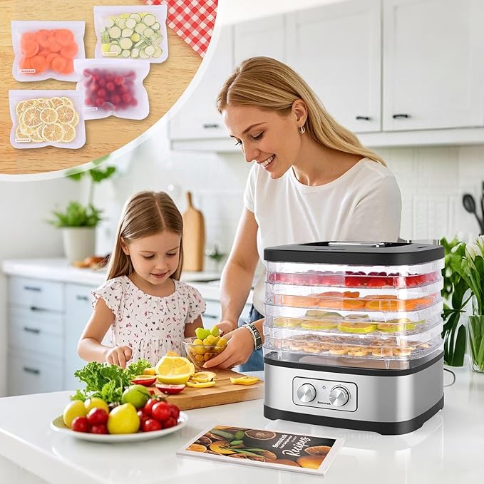 Seeutek Food Dehydrator Machine, 5 BPA-Free Trays, Adjustable Temperature Control for Beef Jerky, Fruits, Vegetables, Includes Recipe Book & 4 Reusable Storage Bags, Electric Dryer Machine (5 Trays)